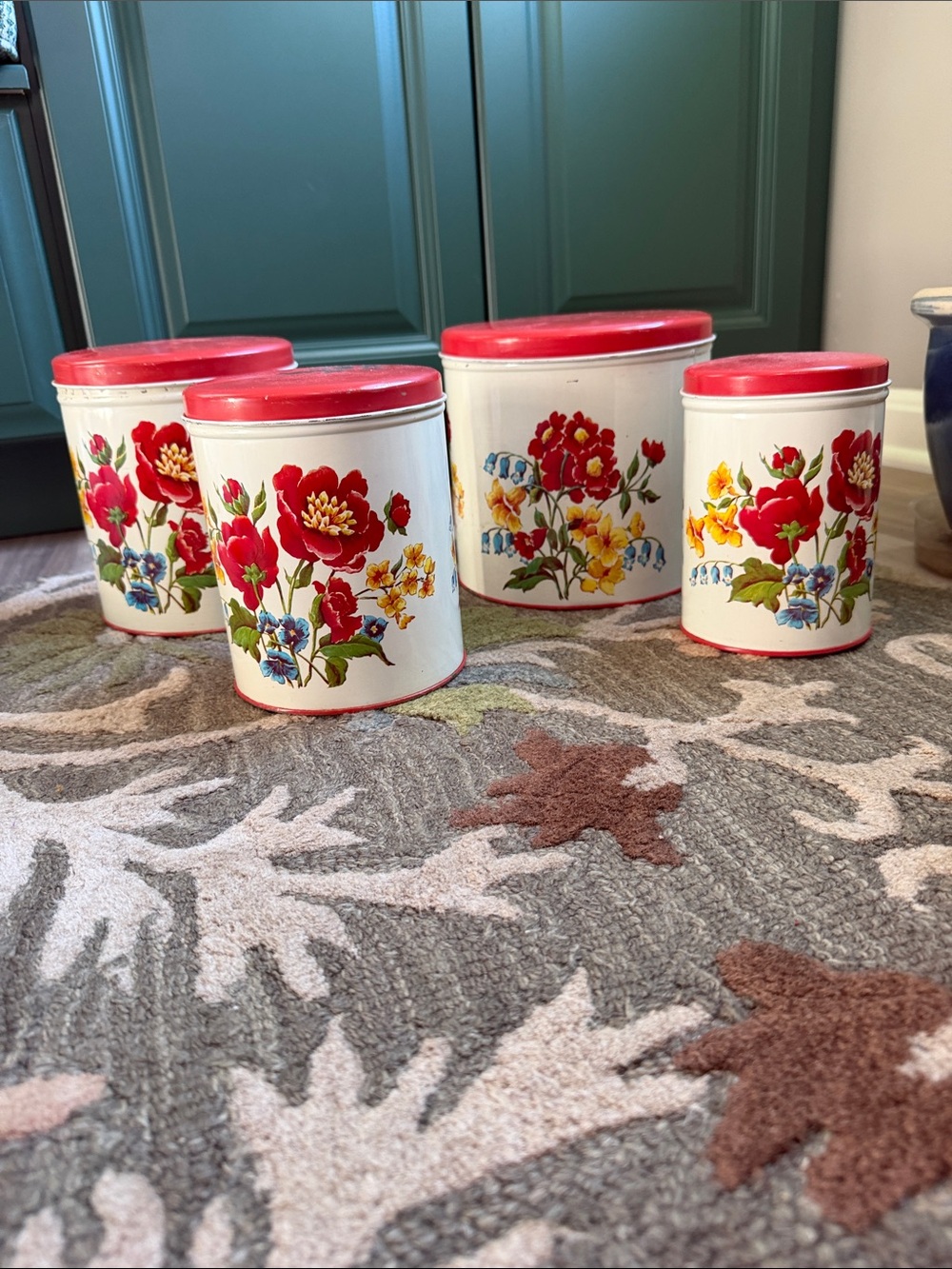 Vintage White Canister Set with Red Floral Accents